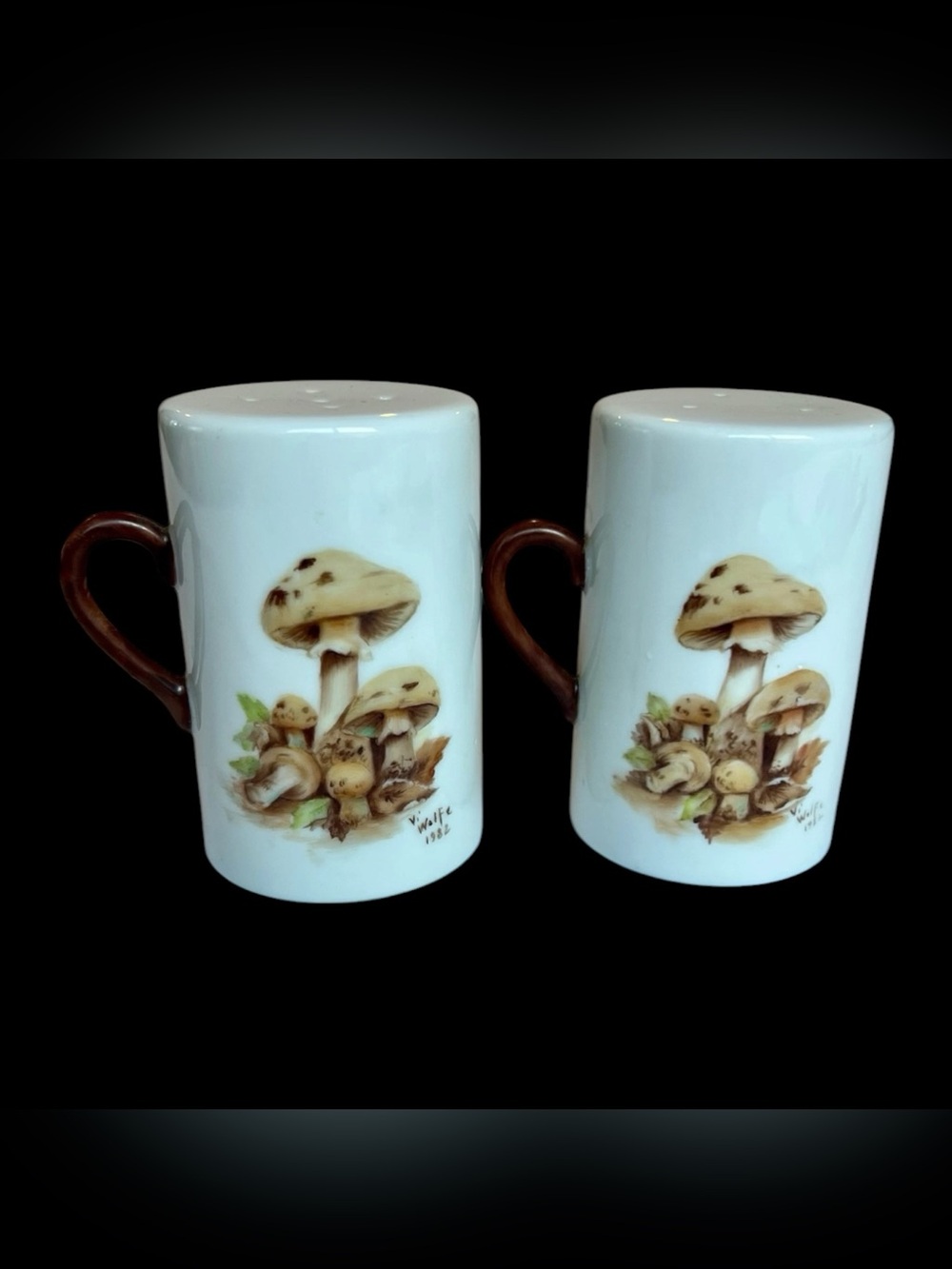 Vintage Vi Wolfe 1982 Mushroom Salt Pepper Shakers Hand Painted Cottagecore